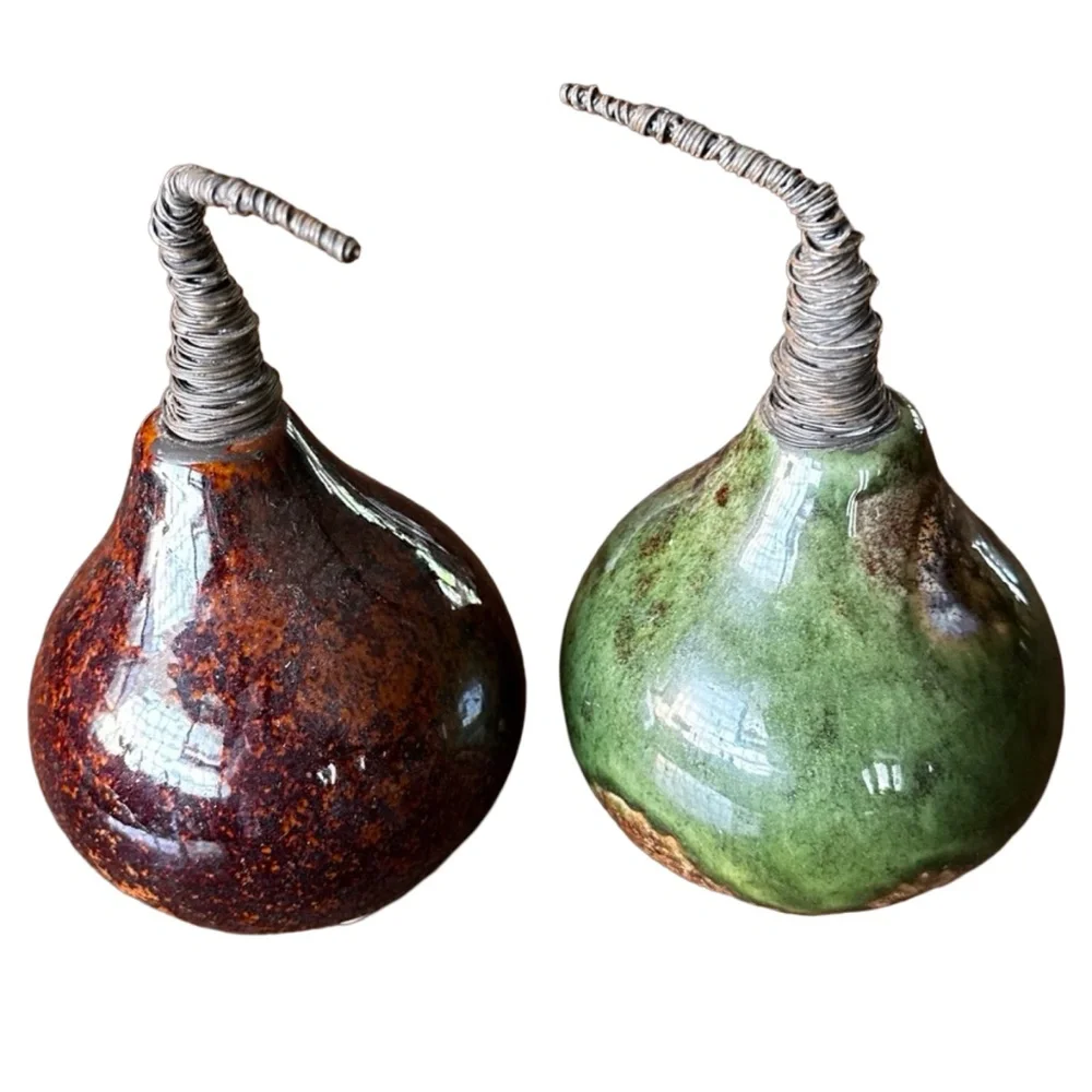 PIER 1 Pear Ceramic Gourd w/Brown Wire Stem (set of 2) Decor